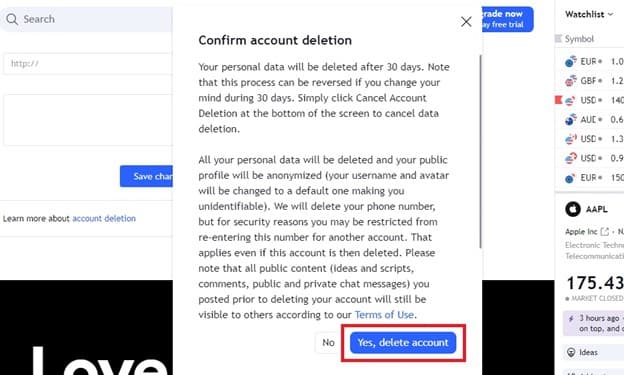 حذف اکانت تریدینگ ویو