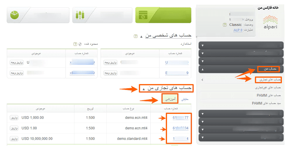 انتخاب حساب تجاری برای خذف اکانت آلپاری