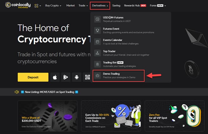 گزینه دمو تریدینگ در منوی مشتقات صرافی کوین لوکالی