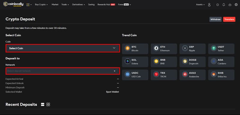 انتخاب کوین و شبکه برای واریز به صرافی کوین لوکالی