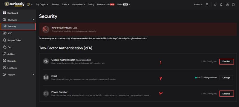 بخش تنظیمات امنیتی حساب کاربری در صرافی کوین لوکالی